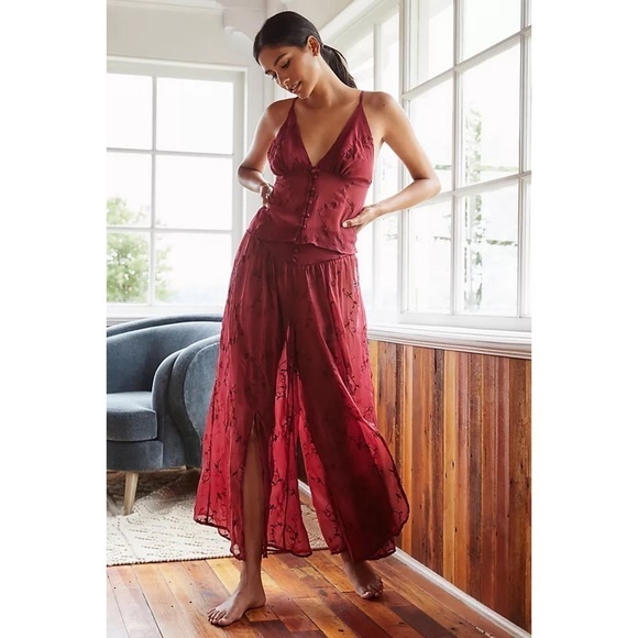 Anthropologie NWT Two Piece Set Burgundy Sheer Embroidered XXS - Picture 2 of 13